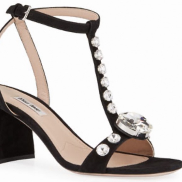MIU MIU T-STRAP CRYSTAL SANDALS IN BLACK SUEDE WITH BLOCK HEEL SIZE US 8 - Picture 5 of 5
